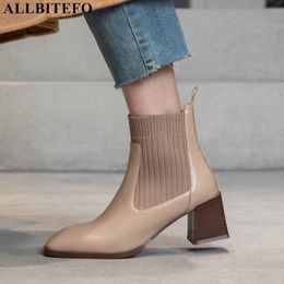 ALLBITEFO soft natural genuine leather women boots winter shoes thick heel fashion ankle boots motocycle boots high heel shoes 210611