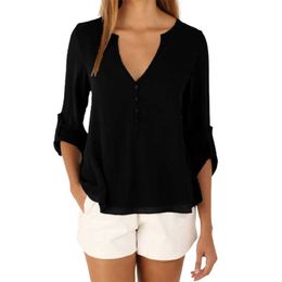 Women Shirts Spring Summer Casual V Neck Chiffon Loose Blouses Tops Elegant Buttons Long Sleeve Black White Ladies Blouse 210526