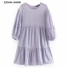 Back Open buttons O neck Hollow Out Hole Emboridery Dress Holiday Women Spliced Ruched Loose Mini Short Dresses Lavender 210429