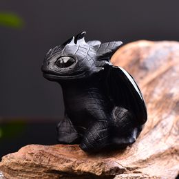 1PC Natural Obsidian Hand Carved Toothless Dragon Polished Crystal Healing Stone Home decoration Art Collectible Figurine Crafts 210318
