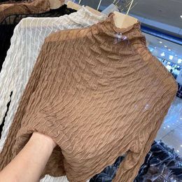 Women Lace Mesh High Collar Bottom T-shirts Female Long Sleeve Autumn Casual Style Tight Thin Tops T-shirts Women Clothes P3 116 Y0629