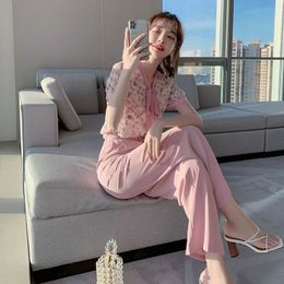 Office Lady Formal Two Piece Set Summer Women Bowknot Collar Printing Shirt + Pink Elastic Waistline Straight Pant Suit 210514