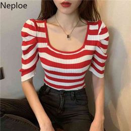 Neploe Puff Short Sleeve T Shirts Summer Thin Knitted Tees Vintage Square Collar Slim Pullover Shirts Casual Striped Solid Tops 210422