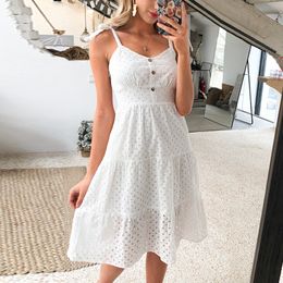 Women Casual White Summer Beach Dress Bow-knot Shoulder Embroidery Hollow Out Female Midi Dress Backless Dress Vestidos New 210422