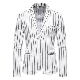 Men's Button Suit White Black Stripes Long Sleeve Lapel Pocket Spring Loose Fashion Casual Style Male Coats