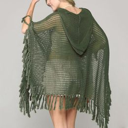 Mini-robe tricotée Jupes de résinettes Crise Out Crochet Femmes Bikini Couvre-Boîte à capuche Tunique de poche Tassel Summer Beachwear Army Vert