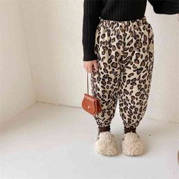 Winter girls warm plush inside leopard print pants kids corduroy floral thicken ankle banded trousers 210508
