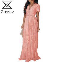 Z-ZOU Women Dress V Neck Short Sleeve Lace Temperament Maxi es Hollow Out Loose Leisure Plus Size es Pink 210524