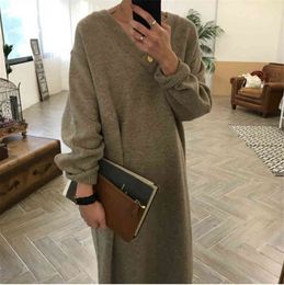 Chic Oversize Thick Long Sweater Dress Women V-neck Autumn Winter Straight Female Casual Loose Knit 210429