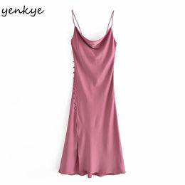 Summer Sexy Sling Dress Women Solid Colour Satin Side Button Slits Long Female Night Out Vestido 210430