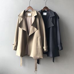 Autumn Belt Temperament Oversize Solid Colour Medium Long Jacket Women Lazy Wind Windbreaker Female For Chic Fashion 210520