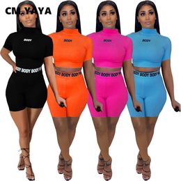 CM.YAYA Women Sports Set Letter Print Sheath Elastic Short Sleeve Half High Collar Tops Matching Shorts 2 Piece Set Summer 2021 X0428