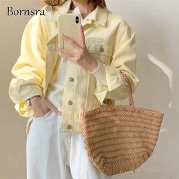 Bornsra Stylish 100% Cotton Denim Jacket Female Spring Single Breasted Pockets Outwears Yellow Coats Jean Jacket for Woman 210722