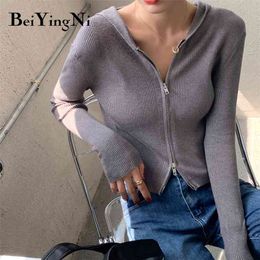 Vintage Sexy Sweaters Women Slim Zipper Hooded Cropped Tops Female Casual Knitwear Cardigan Fashion Kpop Jumper 210506