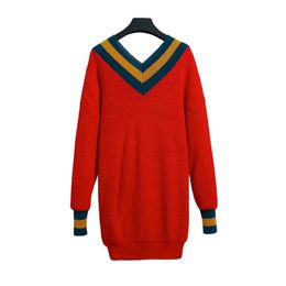 PERHAPS U Women V Neck Knitted Pullovers Long Sleeve Knee Length Red Loose Straight Winter Dress M0771 210529