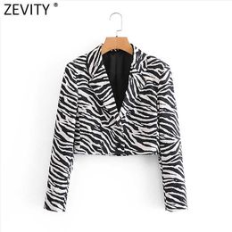 Zevity Women Vintage Black White Zebra Stripe Print Chic Short Blazer Office Ladies Breasted Casual Outwear Suit Tops CT640 210603
