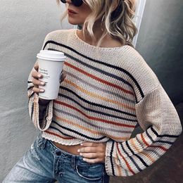 Suéteres para mujer Mujeres Rainbow Sweater de rayas de manga larga Punto corto Pullovers y Punto de Punto Casual Jumper Fall Fashion Culty