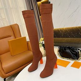 Luxurious Brand Womens Thigh-High Boot High Heel 9.5CM Sock-like Booties Pointed Toes Autumn Winter Special-Shaped Heels Knight Shoes Size 35-42