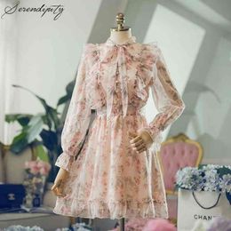 Floral Print Bow Sweet Ruffle Dress Boho Chiffon Women Casual Lace up Elegant Dress Buttons Girls Fairy Summer Beach Pink Dress 210325