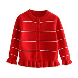 Autumn Spring 3 4 6-12 Years Teenage Christmas Gift Red O-Neck Ruffles Cotton Knitted Cardigan Sweaters For Kids Baby Girls 210625