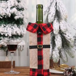 10pcs Christmas Decorations Linen Grid Wine Bottle Cover Bags For Party Dinner Table Decoration