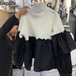 Neploe Korean Cropped Sweaters Fall Women Clothes Turtleneck Pullover Patchwork Ruffles Knit Aesthetic Sweater Jumper Tops 211018