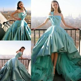 Stunning High Low A Line Prom Dresses One Shoulder Neck Pleated Tulle Satin Evening Gowns Sweep Train Satin Formal Dress Robes De Custom Made