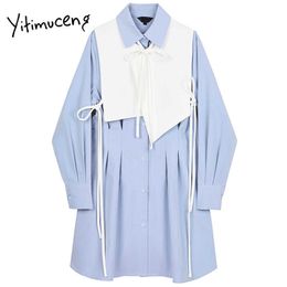 Yitimuceng Shirts Dresses Women Solid Spring Fashion Long Sleeve Turn-down Collar Loose Waist Casual Dress with Wrap 210601