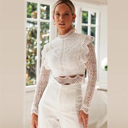 White lace women tops and blouse sexy hollow out mesh crop top elegant long sleeve embriodery see through 210427