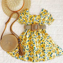 Summer Sweety Children Girls Dress Kids Baby Clothes Short Puff Sleeve Square Collar Floral A-line Dresses with Waistband Q0716