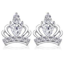 Stud Est Fine Earrings For Ladies Women Crown Love Round Iced Big Zircon Jewellery Birthday Gift Anti Allergy