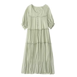 PERHAPS U V Neck Button Midi Dress Summer Short Sleeve Green Black Beige D1260 210529