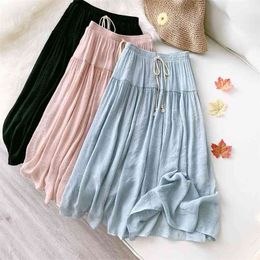Cotton Linen Long Skirts For Women's Harajuku Korean Style Maxi Teenagers High Waist School 210621