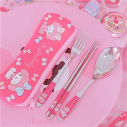 1set girls kawaii cartoon cat tableware set stainless metal spoons fork and chopsticks girls party Favours christmas gift 210318