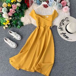 Ladies Spring Summer Backless Fashion Dress Slash Neck High Waist Vintage Medium Solid Long Women's 210520