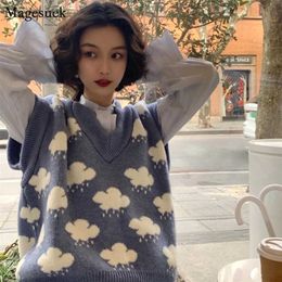 Autumn Knitted Pullover Sweater Vest Women Sleeveless Cloud Print V-neck Sweaters Loose Knit Top Winter Clothes 15990 220111