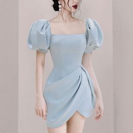 Elegant Fashion Vintage Dress Women Summer Puff Sleeve High Waist Ruched Slim Short Party Dress Female Vestidos 210518