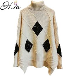 Women Winter Warm Argyle Sweater and Pullovers Oversized Sequined Knitwear Jumpers 210430