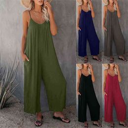 Women Fashion V Neck Sleeveless Straps Jumpsuits Summer Wide Leg Trousers Solid Loose Rompers Ladies Casual Long Overalls 210522