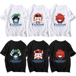 New Genshin Impact Venti Klee Barbara Diluc Cosplay Cute Cartoon T-shirts Men Women Short Sleeve Pure Cotton Shirts Kawaii Tops Y0903