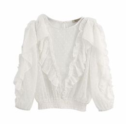 Elegant white chiffon short style blouse three quarter sleeve female spring casual shirt see through ruffles tops blusas 210430