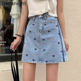 Sexy Women Denim Mini Skirt Fashion Summer High Waist Blue Jeans s Love Print Package Hip A-Line Jupe Femme 210601