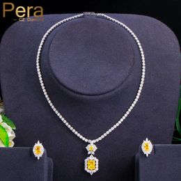 Pera Brillant Yellow Square CZ Crystal Wedding Pendant Necklace and Earrings Bridal Jewellery Sets for Bridesmaids Party Gift J364 H1022