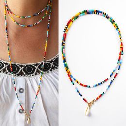 colorful rosary beads UK - Colorful Rice Beads Shell Set Necklace Handmade Beaded Long Necklaces Women Jewelry Sweater Rosary Bead Choker Chain Collar