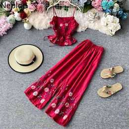 2 Piece Set Women Indie Folk Embroidery V Neck Sleeveless Camis+Stretch Waist Wide Leg Pants Fashion Suits 1B598 210422