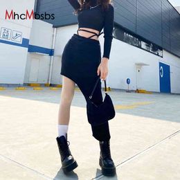 Women Summer Long Skirts Hollow Out Asymmetrical Fairy Grunge Skirt Harajuku Goth Clothes Korean Style Beach Holiday Oufits 210517