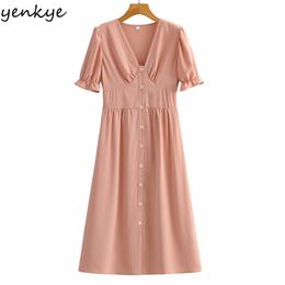 Summer Women Solid Color Dress Female High Waist V Neck A-line Casual Elegant Lady Short Sleeve Robe 210514