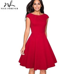 Nice-forever Vintage Solid Colour Elegant Dresses with Cap Sleeve A-Line Pinup Women Flare Swing Dress A067 210325