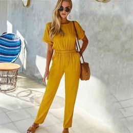 Summer casual Solid Colour sexy loose long jumpsuits pocket rompers womens jumpsuit female playsuit Vintage slim overalls 210508