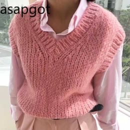 Asapgot Autumn Korean Solid Vintage V Neck Sleeveless Vest Sweater Knitted Pink Oversized Women Sweaters and Pullovers 210610